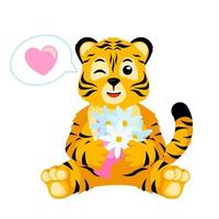 Cute little Tiger wink character isolated. Happy club cartoon striped tiger fall in love. vector