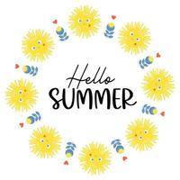 Hello summer. Round Postcard-frame with cute sun and blue-yellow flowers. Vector illustration for decor, design, print and napkins, signage, decoration and postcards