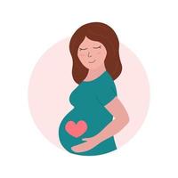 linda mujer embarazada. concepto de embarazo feliz. ilustración vectorial plana de la futura madre con el corazón en el vientre vector