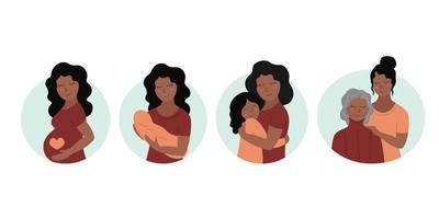 día de la Madre. conjunto de conceptos de maternidad. linda madre e hija sonrientes. feliz mujer afroamericana y niña. etapas de crecimiento del niño. ilustración plana vectorial vector