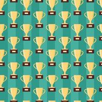Sports cups seamless pattern. Winner awards on football field background. Vector repeat illustration with gold trophy cup