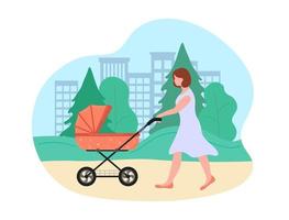 Walk with baby stroller in summer. Woman in dress pushing pram for newborn, carriage for little child. Young mother walking with baby in park. Warm weather. Vector flat illustration