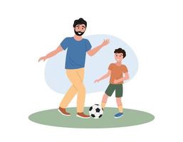Father and son playing football. Dad, boy and soccer ball on grass. Family summer outdoor activities. Fathers day. Flat vector illustration