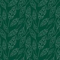 Outline leaf pattern. Vector seamless green background with white leaves. Hand drawn leaf plant repeat illustration