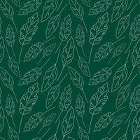 Outline leaf pattern. Vector seamless green background with white leaves. Hand drawn leaf plant repeat illustration