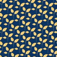 Leaf dark pattern. Vector seamless blue background with yellow leaves silhouettes. Hand drawn leaf plant repeat illustration