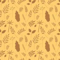 Plants pattern. Vector seamless tiled background with leaves and berries silhouettes. Leaf yellow backdrop