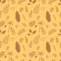 Plants pattern. Vector seamless tiled background with leaves and berries silhouettes. Leaf yellow backdrop