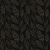 Leaf pattern. Outline golden leaves on black background. Vector seamless illustration with hand drawn leaf plants