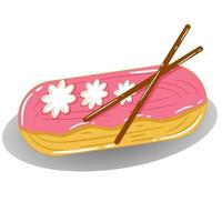 Sweet dessert vector for eclair or cream puff with strawberry topping and chocolate stick