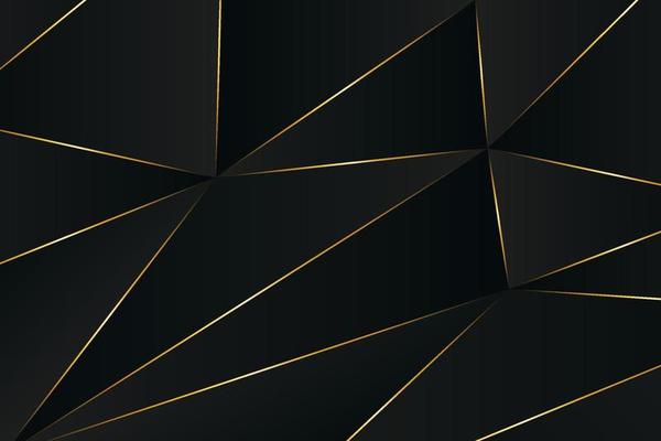Black polygonal design background with golden lines. Low poly background in abstract art style
