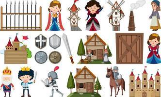 Medieval characters buildings set vector