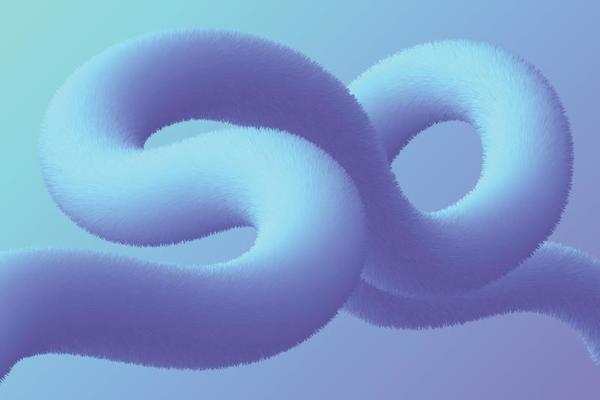 Abstract neon fluid gradient composition. Twisted hairy shape illustration. Curve curl fluffy shape background