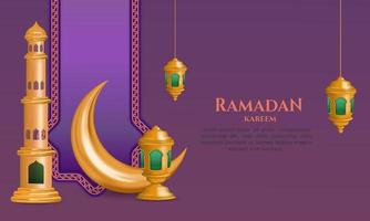 plantilla de banner de lámpara colgante de ramadán con luna creciente y minarete de mezquita en fondo púrpura vector