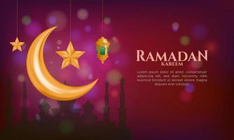 ramadan kareem greeting card with crescent moon and hanging lamp in marron bokeh background vector