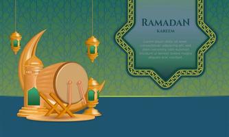 Eid mubarak golden crescent moon with bedug drum and islamic pattern green decorations vector