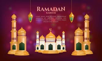 ramadan kareem hanging lamp with golden dome mosque and minaret in marron bokeh background vector