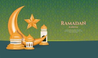 Eid mubarak golden crescent moon with mosque minaret and islamic pattern green decorations vector