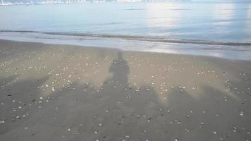 panorâmica de uma sombra de homem na praia.