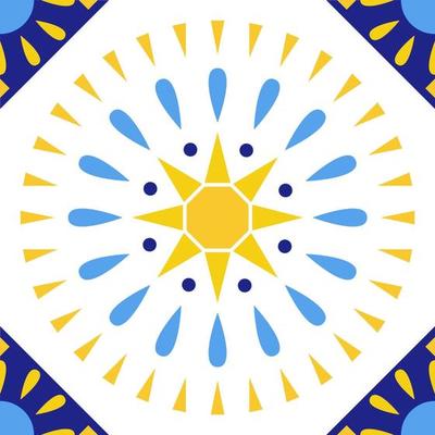 Flower seamless pattern. Azulejo. Bright Portuguese tiles with sun, sea and Mediterranean mood.