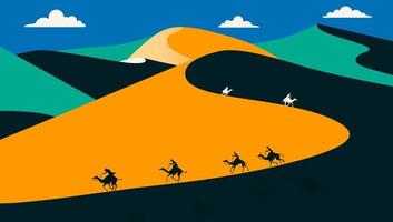 Flat landscape design vector illustration with desert, caravan of camels. Vector illustration.