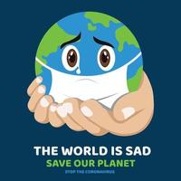Cute sad Earth, Coronavirus attacking the earth, earth crying cartoon,Corona virus concept.,vector illustration