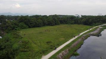 luchtfoto groep kinderen voetballen op groen veld video