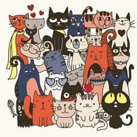gatos divertidos dibujados a mano. ilustración vectorial de animales con gatitos adorables. vector