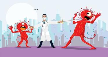 illustration fight covid-19 corona virus. cure corona virus. Doctor fight virus concept. corona viruses vaccine concept. end of 2019-ncov. don't be afraid of the corona virus concept.