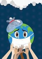 Cute sick Earth, Coronavirus attacking the earth, earth crying cartoon,Corona virus concept,vector illustration