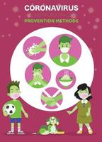 Coronavirus COVID-19 preventions infographic. boy and girl standing point finger to preventions methods infographics vector