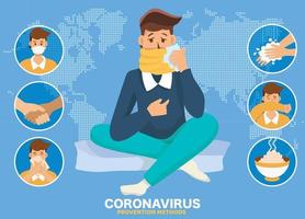 infografía de coronavirus que muestra incubación, prevención y síntomas con íconos. persona contagiada. carácter de tos. patógeno chino.