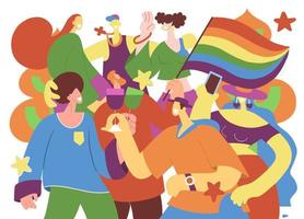 una multitud marchando en un desfile del orgullo.una tendencia que involucra a un conjunto diverso de personas, una ilustración vectorial de un garabato vector