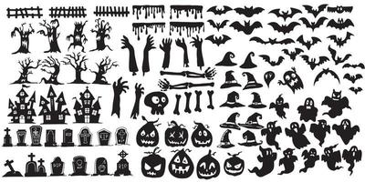 Collection of halloween silhouettes icon and character, elements for halloween decorations Premium Vector