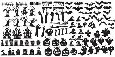 colección de iconos y personajes de siluetas de halloween, elementos para decoraciones de halloween vector premium