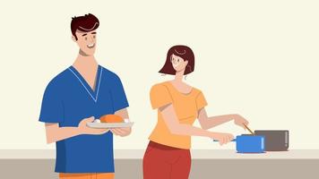 Husband and wife are preparing together. Man and woman in the kitchen. Vector illustration in a flat style