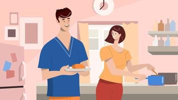 Husband and wife are preparing together. Man and woman in the kitchen. Vector illustration in a flat style