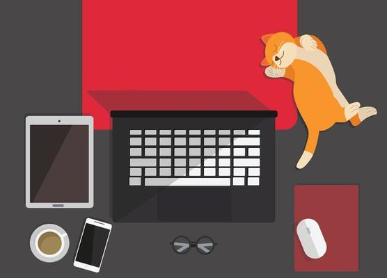 concept coronavirus COVID-19. The company allows employees to work from home to avoid viruses.Top view of graphic designer  workplace on background. Flat design of workspace with laptop,coffee,Pizza