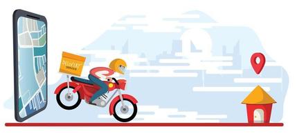 Food delivery app on a smartphone tracking a delivery man on a moped with a ready meal, technology and logistics concept, city skyline in the background vector