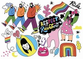 A crowd marching in a Pride parade.a trend that involves a diverse set of people, A vector illustration of a doodle