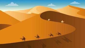 Flat landscape design vector illustration with desert, caravan of camels. Vector illustration.