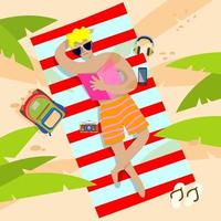 Top view, summertime, holidays poster. Young men relax, have happy time on the beach. vector