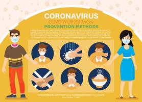 coronavirus, elementos infográficos, hombre y mujer usan una máscara facial médica, los humanos muestran síntomas de coronavirus y factores de riesgo. vector