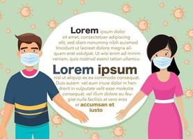 coronavirus, elementos infográficos, hombre y mujer usan una máscara facial médica, los humanos muestran síntomas de coronavirus y factores de riesgo. vector