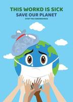Cute sick Earth, Coronavirus attacking the earth, earth crying cartoon,Corona virus concept,vector illustration vector