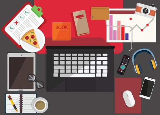 concept coronavirus COVID-19. The company allows employees to work from home to avoid viruses.Top view of graphic designer  workplace on background. Flat design of workspace with laptop,coffee,Pizza