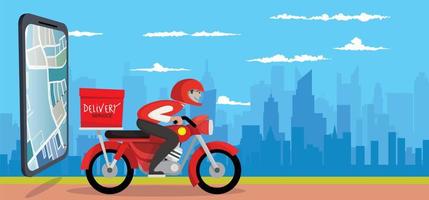 Food delivery app on a smartphone tracking a delivery man on a moped with a ready meal, technology and logistics concept, city skyline in the background vector