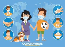 Infografía de prevención del coronavirus covid-19. niño y niña de pie señalando con el dedo las infografías de métodos de prevención vector