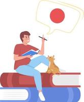 Young man learning japanese by himself semi flat color vector character