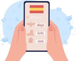 Studying Spanish language online 2D vector isolated illustration